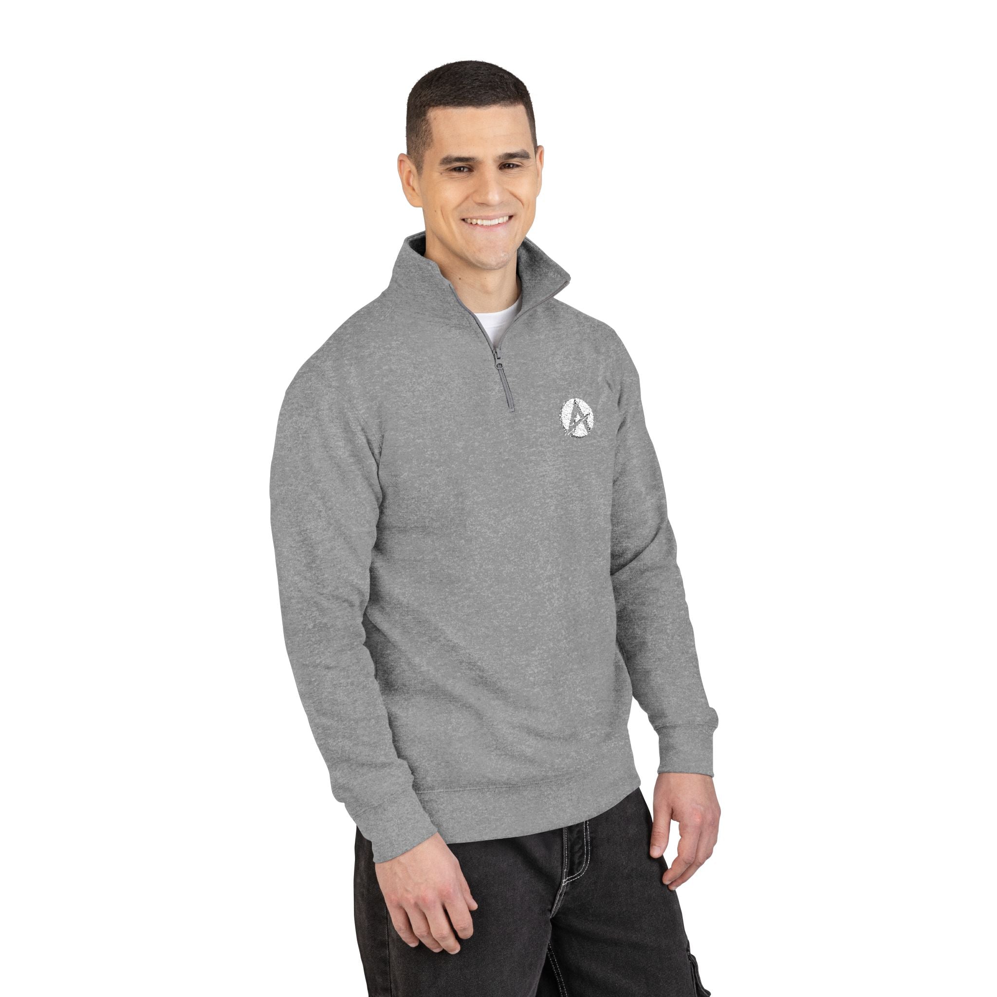 Embroidered Grey Fleece Pullover — Minimal Crest Logo & Back Script