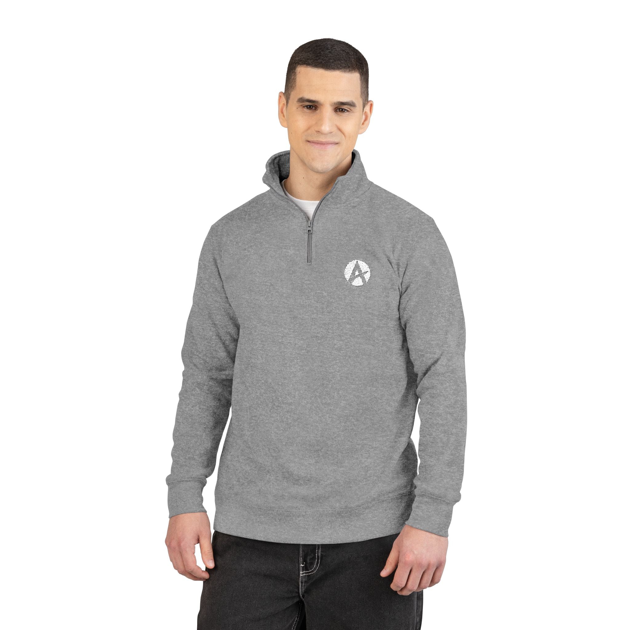 Embroidered Grey Fleece Pullover — Minimal Crest Logo & Back Script