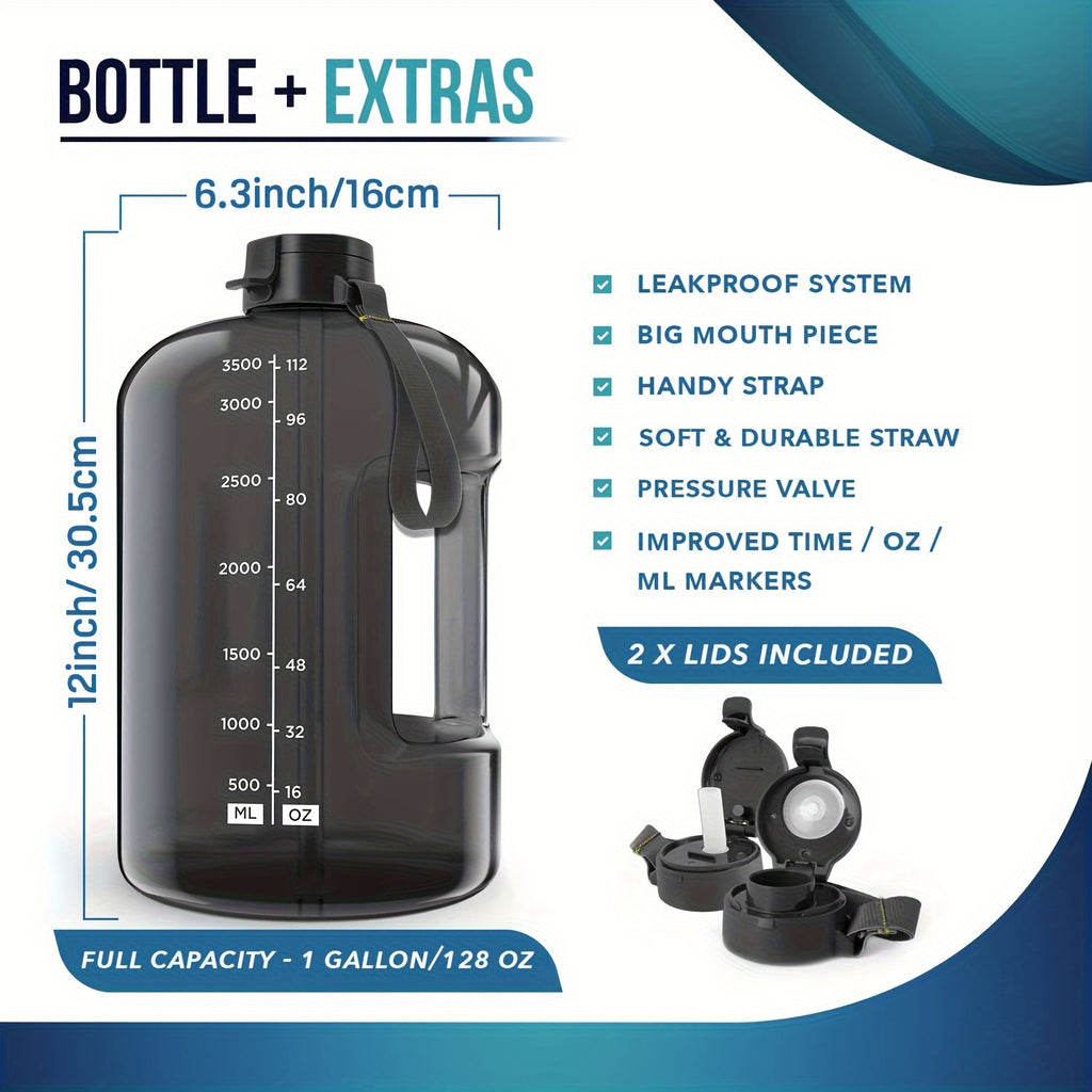 1pc 3.8L/128oz Portable Large Capacity Water Bottle With Time Marker, Transparent Leakproof Water Bucket With Straw, Suitable For Gym Fitness, Outdoor Sports