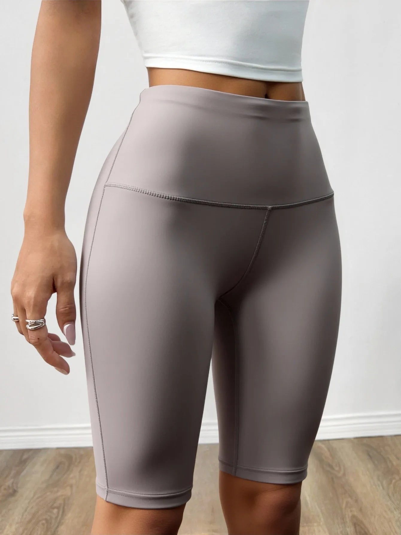 High Waist Seamless  Biker Shorts Drawstring Closure Workout Yoga-Wholesale Grey Polyester Sports Fitness Activewear China