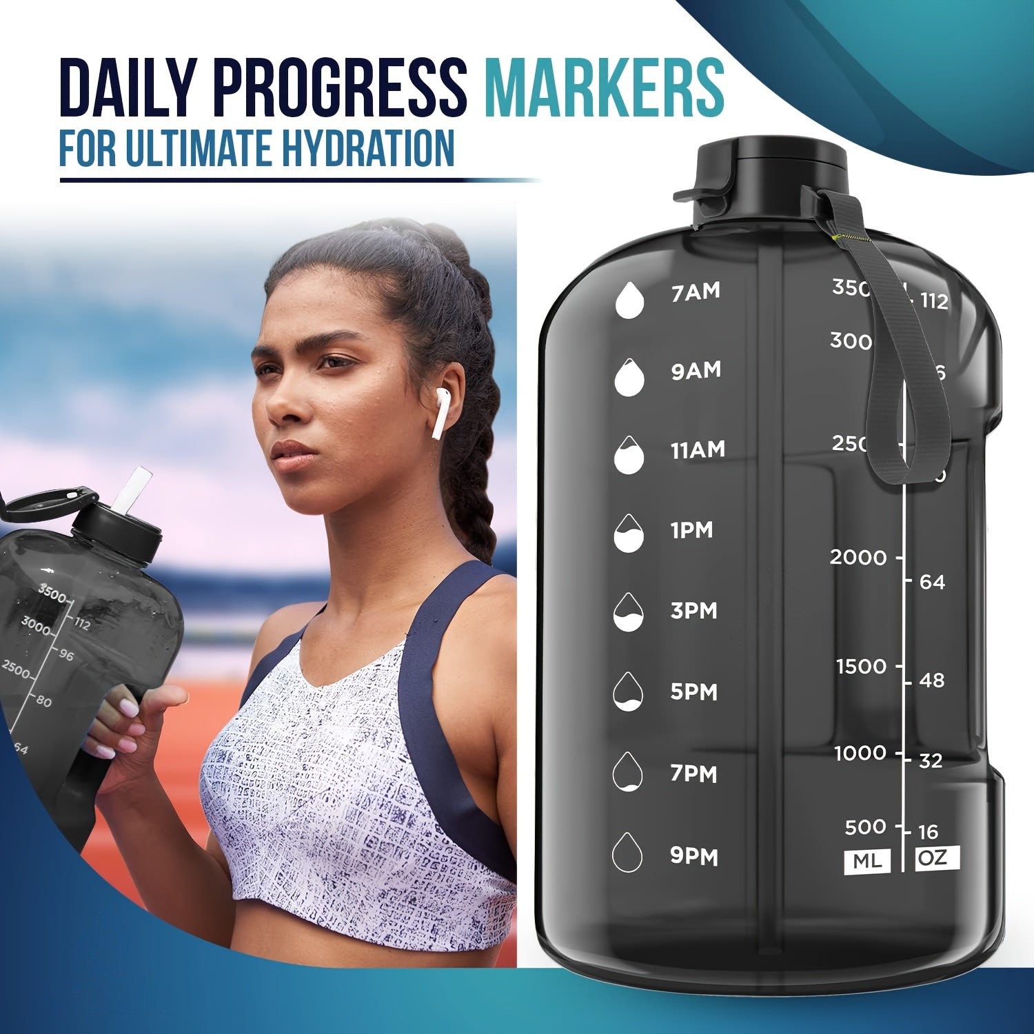 1pc 3.8L/128oz Portable Large Capacity Water Bottle With Time Marker, Transparent Leakproof Water Bucket With Straw, Suitable For Gym Fitness, Outdoor Sports